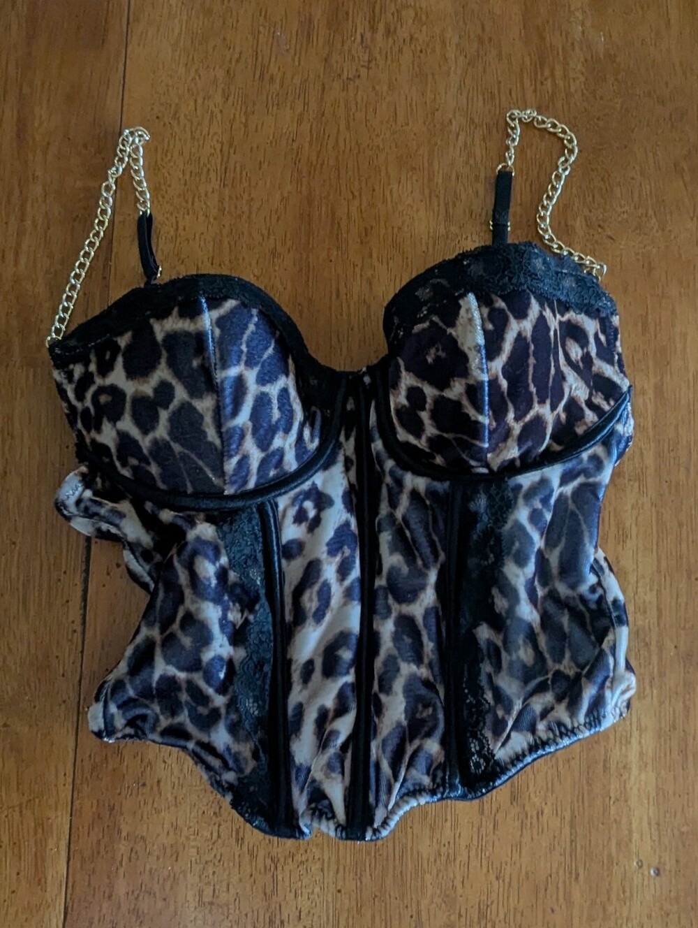 Spirit Halloween Leopard Print Boned Corset Bustier Top Gold Chain Straps